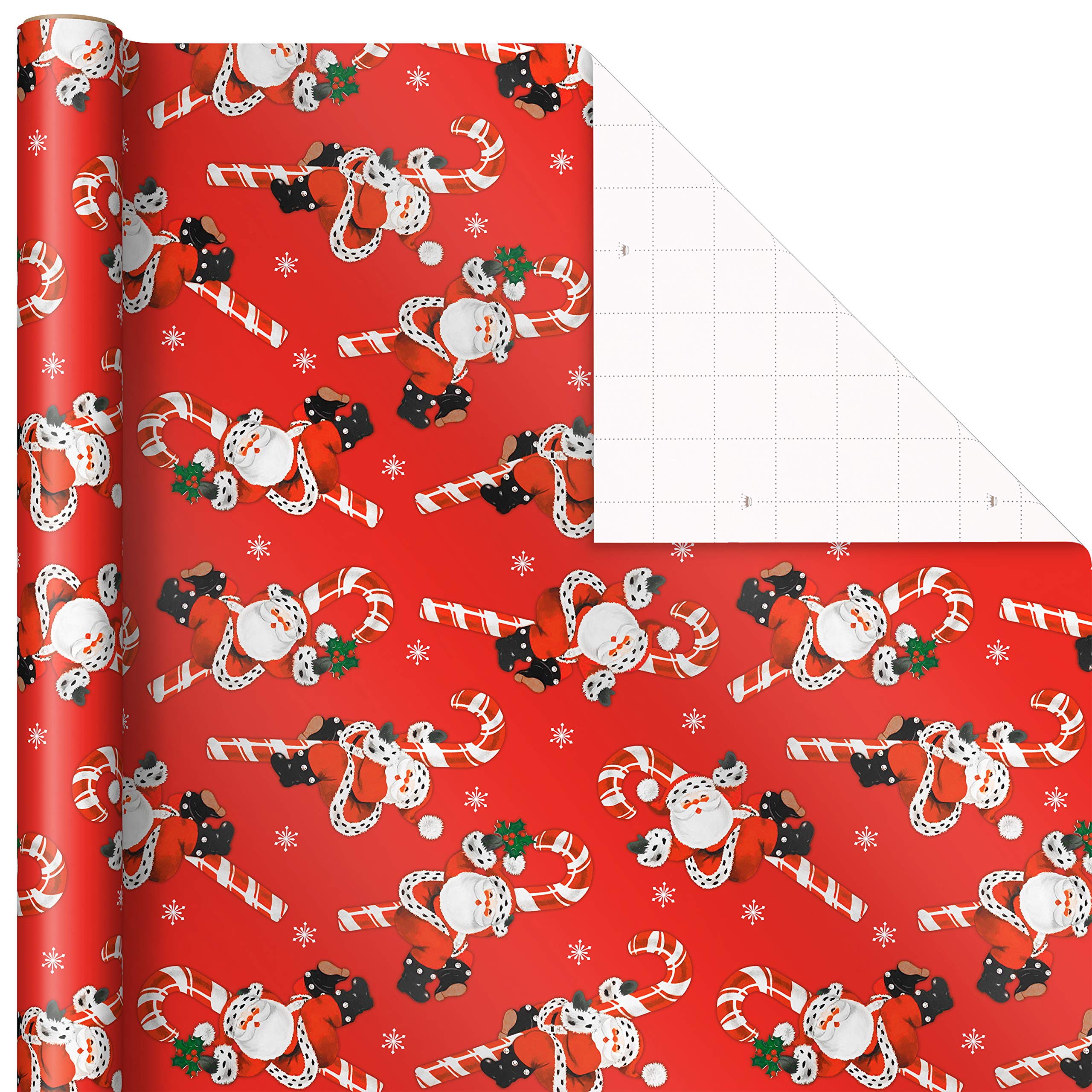 Hallmark Vintage Christmas Wrapping Paper Cut Lines on Reverse (3 Rolls: 120 sq. ft. ttl, Red, White, Navy Blue) Funny Candy Cane Santas, Classic Snowman, 