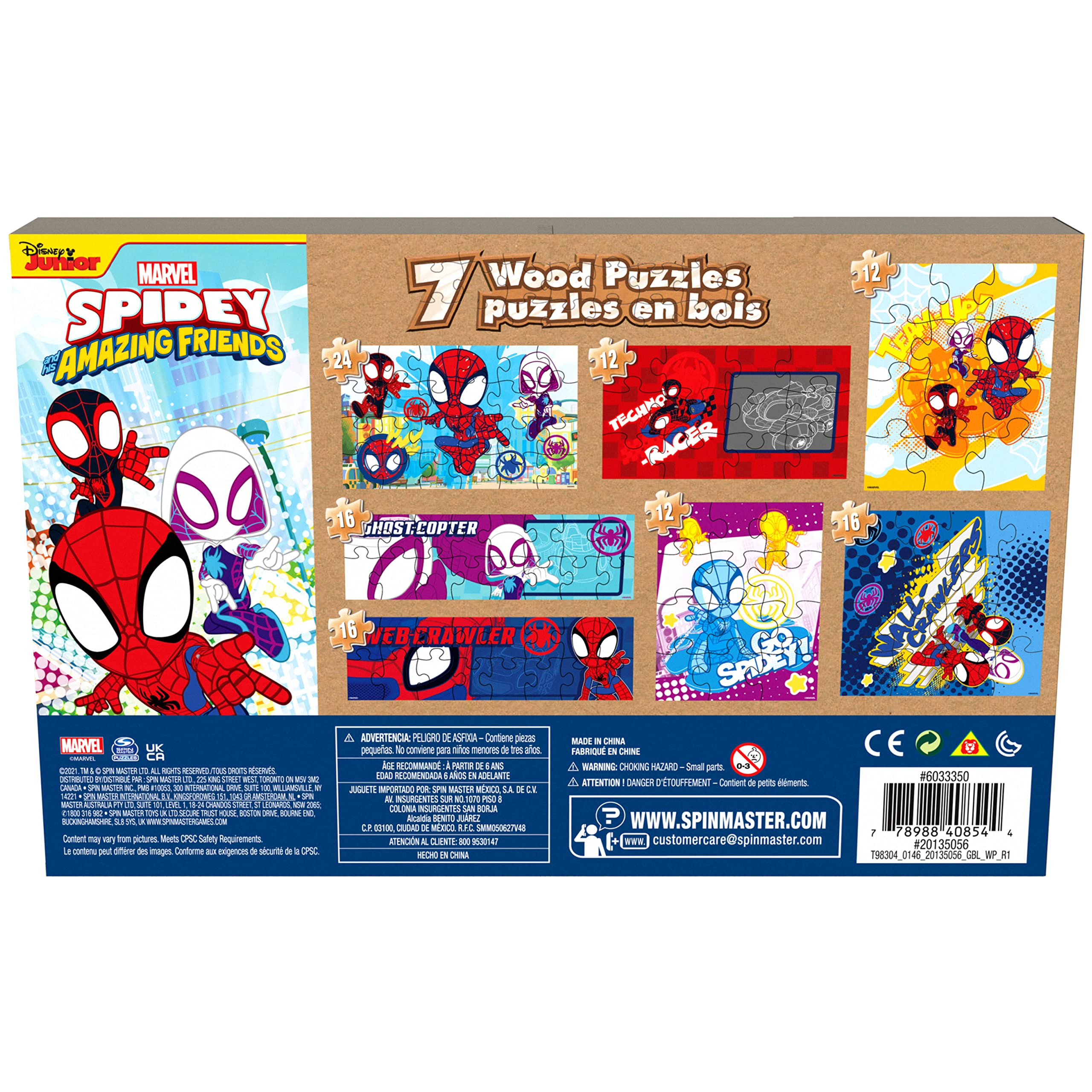Marvel Spidey and his Amazing Friends 7 Wood Jigsaw Puzzles with Sliding Wood Storage Box- Spidey and his Amazing Friends Toys for Kids Ages 4+
