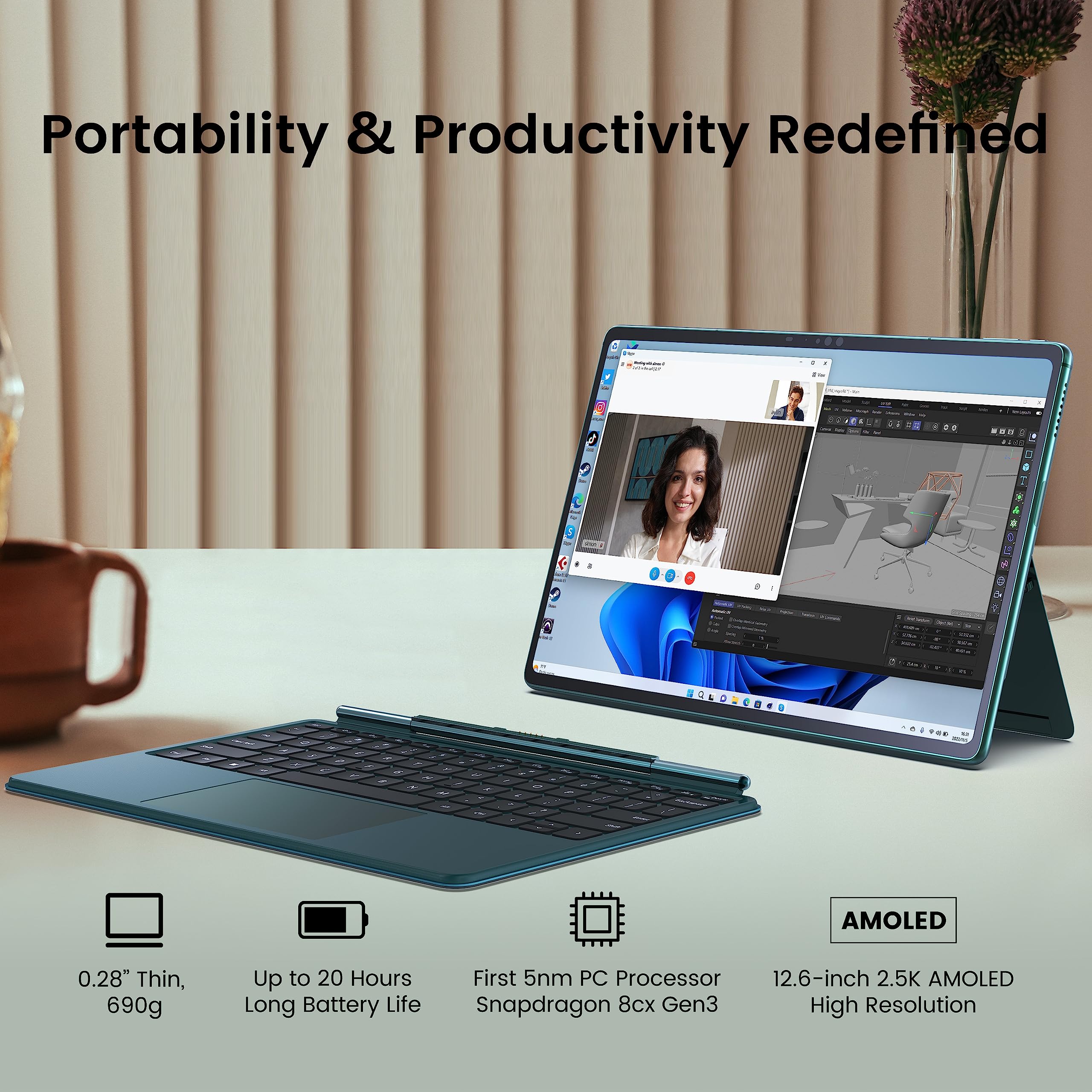 Robo & Kala 2 in 1 Laptop, 690g Lightweight, Up to 20H Long Battery Life, 12.6’AMOLED Touchscreen, Snapdragon 5nm PC Processor, 16GB RAM, 512GB SSD, WiFi Bluetooth, Win 11, 4K Webcam, Backlit Keyboard