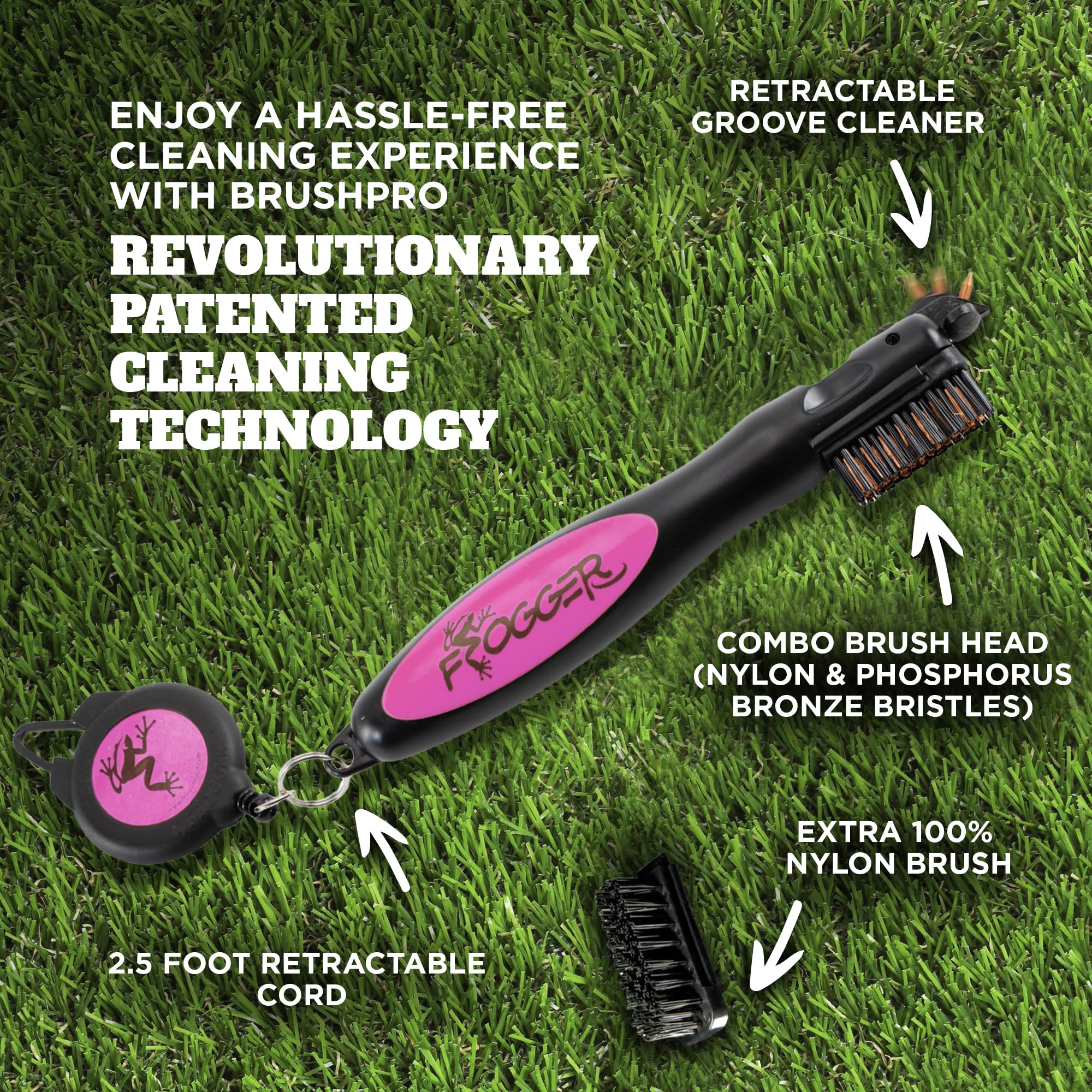 Frogger BrushPro Golf Club Cleaner with Ergonomic Grip and Retractable Cord | Sturdy Golf Brush and Groove Cleaner with Advanced Scrub Cleaning Technology for Professional Golfers