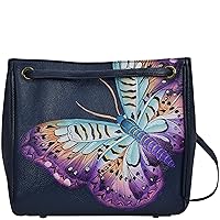 Anna by Anuschka Women's Hand-Painted Leather Slip Handle Shopper with Strap, Magical Wings Navy