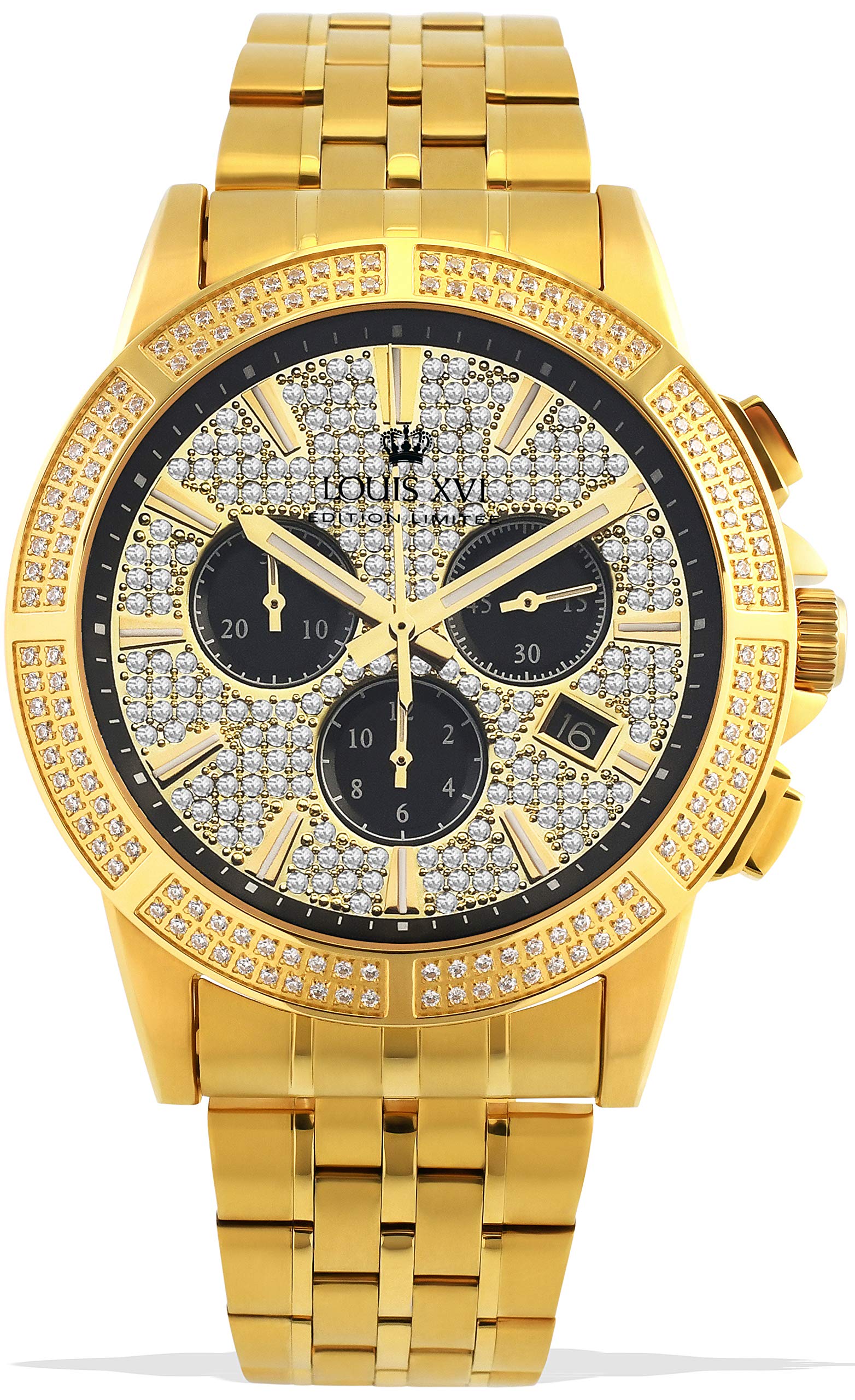 LOUIS XVI Herren-Armbanduhr Majesté Iced Out Stahlband Gold CZ-Diamanten Chronograph Analog Quarz Edelstahl 1037