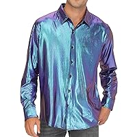 LecGee Men's Regular 70s Disco Shirts Metallic Sequins Long Sleeve Button Down Dress Shirts Nightclub Prom Party Costume