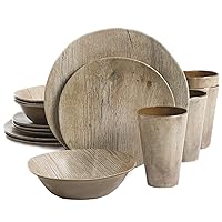 Gibson Home Woodlands Round Melamine Plastic Dinnerware Set, Service for Four (16pcs), Wood