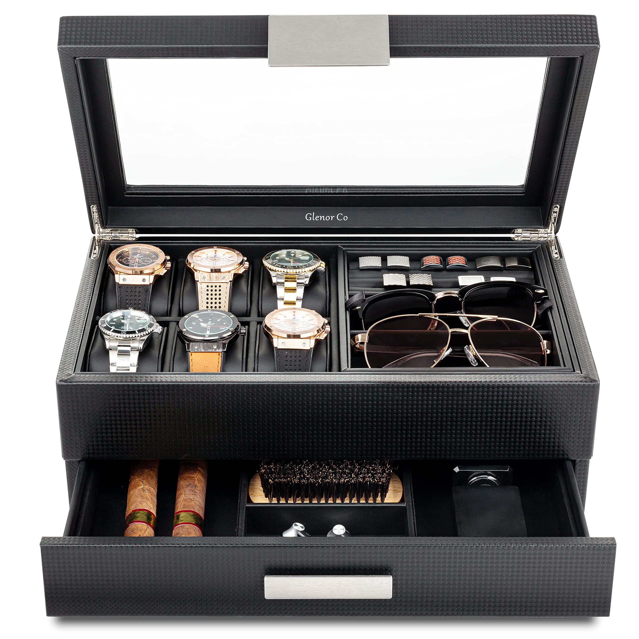 Glenor Co Valet Jewelry Box for Men - Holds 6 Watches, 12 cufflinks, 2 Sunglasses, Drawer & Tray Storage - Mens Watch Case - CarbonFiber Organizer w Metal Accents, PU Leather & Large Glass Lid - Black