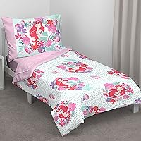 Ariel Sea Garden 4 Piece Toddler Bed Set - Comforter, Fitted Sheet, Flat Top Sheet, Reversible Standard Size Pillowcase, Pink and Aqua