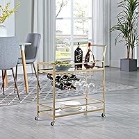 Gold Francesca Bar Cart, 2 Tier Mobile Mini Bar, Kitchen Serving Cart and Coffee Station with Storage for Wine and Glasses, Metal and Glass, Modern