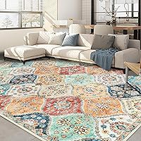 Moroccan Area Rugs 9x12 Living Room, Ultra-Thin Soft Large Area Rug for Bedroom,Oriental Non-Slip Washable Rug Non Shedding Throw Rugs for Living Dining Room Office Rug 9'x12' Orange Multi