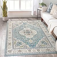 Lahome Floral Medallion Area Rug - 5x7 Large Distressed Living Room Rug, Soft Non-Slip Washable Low-Pile Bedroom Mat Floor Accent Carpet for Entryway Dining Room Office, Sky/Baby Blue
