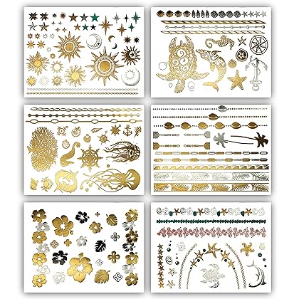 Terra Tattoos Tropical Hawaiian Metallic Tattoos - 75 Gold Silver Temporary Tattoos Turtles, Dolphins, Stars, Sun, Moon, Starfish, Seahorse, Coral, Palm Trees, Hibiscuses, Puka Shells & more!