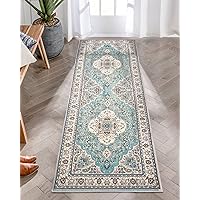 Lahome Floral Medallion Runner Rug - 2x6 Hallway Bedside Turkish Throw Rug Runner Mat Soft Faux Wool Non-Slip Machine Washable Floor Carpet for Kitchen Laundry Bathroom, Sky/Baby Blue