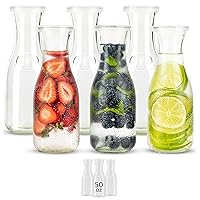 Glass Carafe Pitchers, Beverage Dispensers, Clear Jugs For Mimosas, Water, Wine, Milk and Juice, with Plastic Lids, Dishwasher Safe 17.3 oz (Mini Carafes- set of 6)