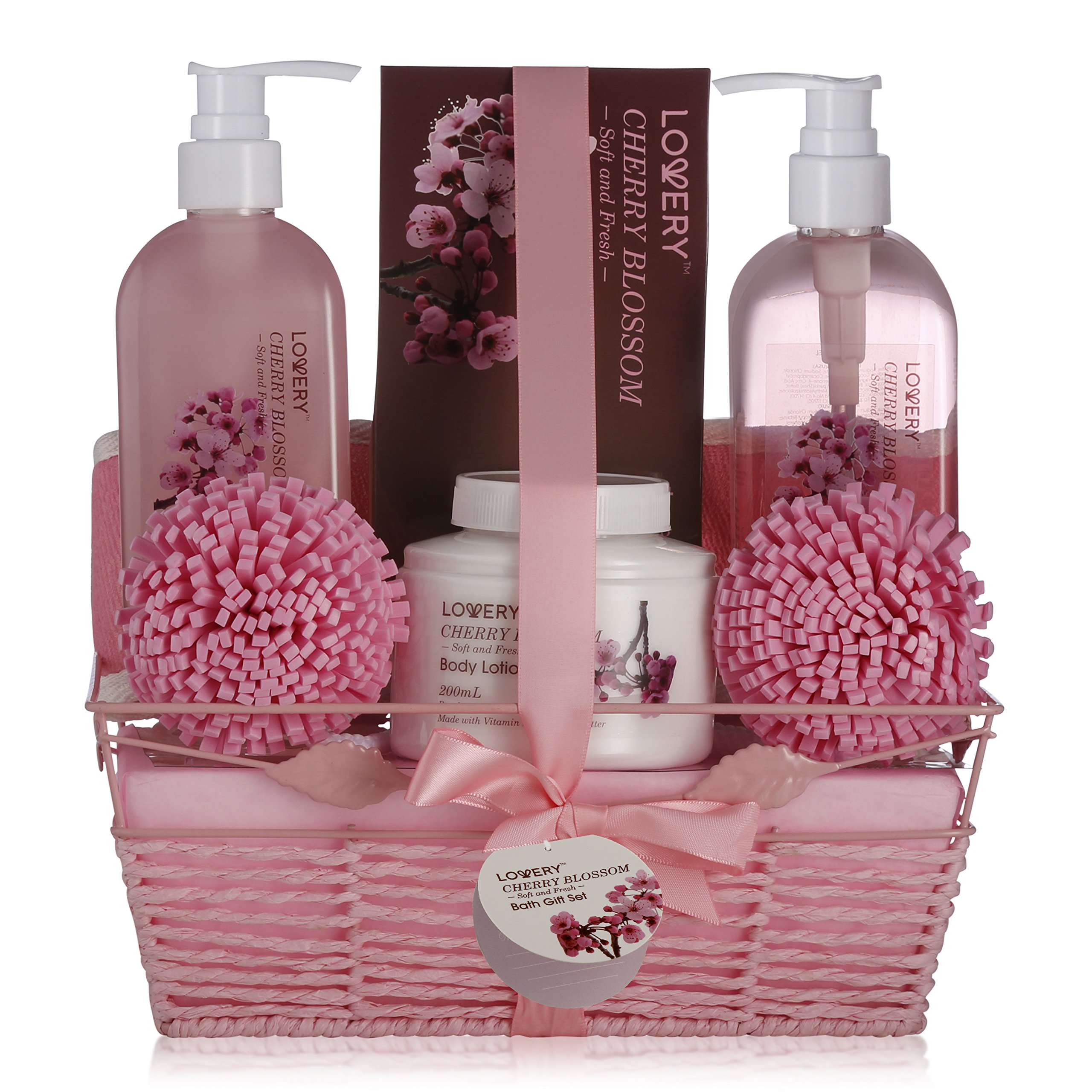 Birthday Gifts For Her, Spa Gift Basket in Cherry Blossom Fragrance - 8pc Bath Set with Shower Gel, Bubble Bath, Bath Salt, Lotion & More! Great Wedding, Anniversary or Graduation Gift for Women