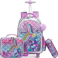 Meetbelify Mermaid Backpack with Wheels for Girls Rolling Backpack for Elementary Student Kids School Bag with Wheels Travel Luggage for Girls Age 6-8