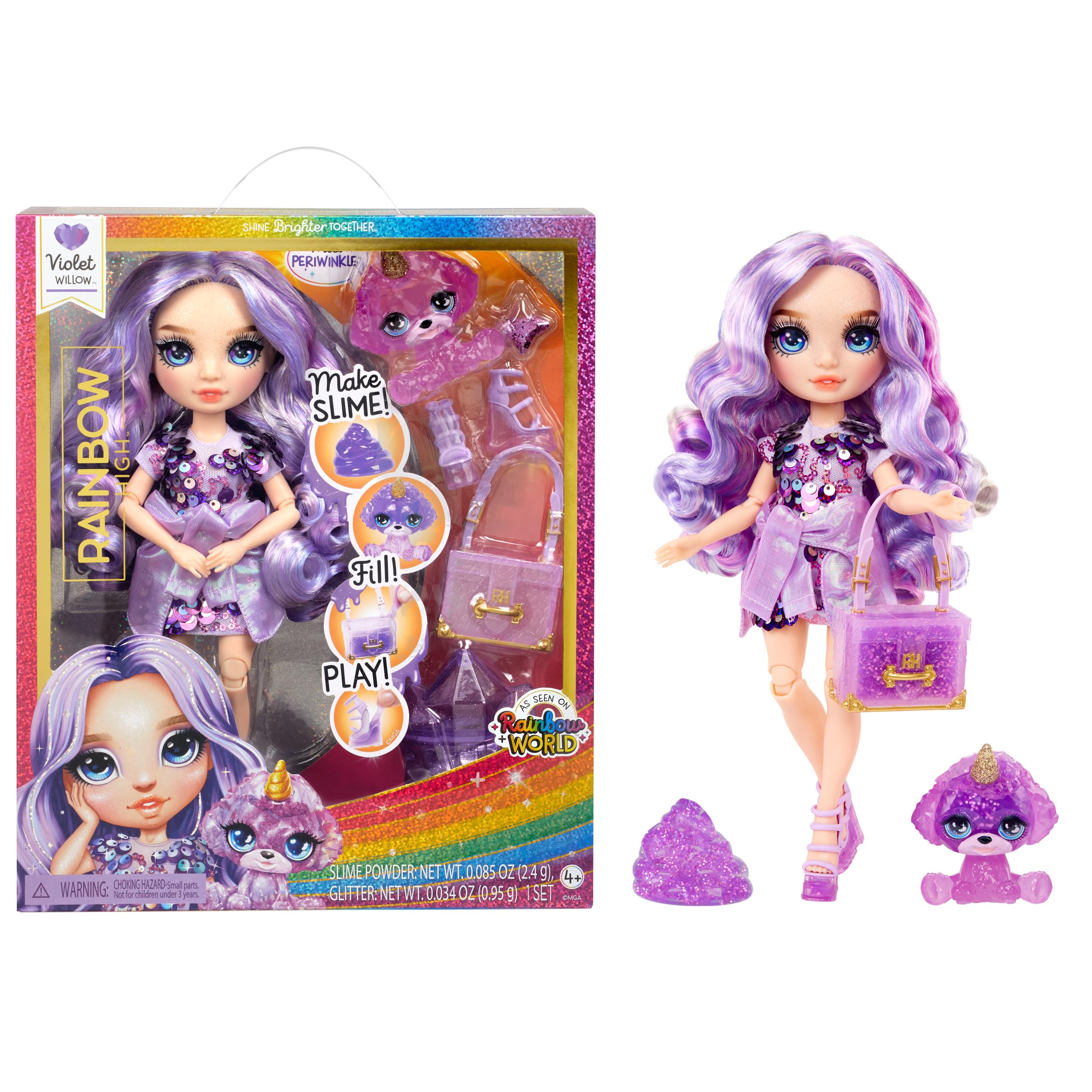 Rainbow High Violet (Purple) with Slime Kit & Pet - Purple 11” Shimmer Doll with DIY Sparkle Slime, Magical Yeti Pet and Fashion Accessories, Kids Gift 4-12 Years
