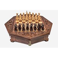 Gorgeous Big Octagon Chess Set 19.7 inch. Walnut Wood Armenian Large High Detail Unique Board Game Amazing Gift