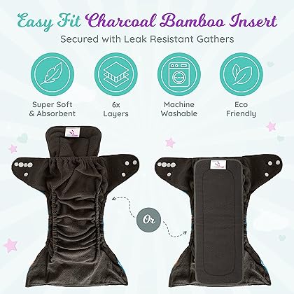 LittleDingo Reusable Cloth Diapers for Babies and Toddlers - 4 Reusable Charcoal Bamboo Diapers + 4 Charcoal Bamboo Inserts and 2 Reusable Diapers Wet Bags