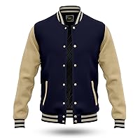 RELDOX Brand Varsity Jacket, Wool Body with Leather Arms Letterman Baseball Unique & Stylish Color Navy Blue-Cream, Size XL