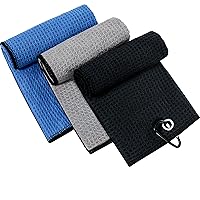 3 Pack Tri-fold Golf Towel for Golf Bags with Carabiner Clip, Premium Microfiber Waffle Pattern Golf Towel for Men Women (Black/Gray/Blue)