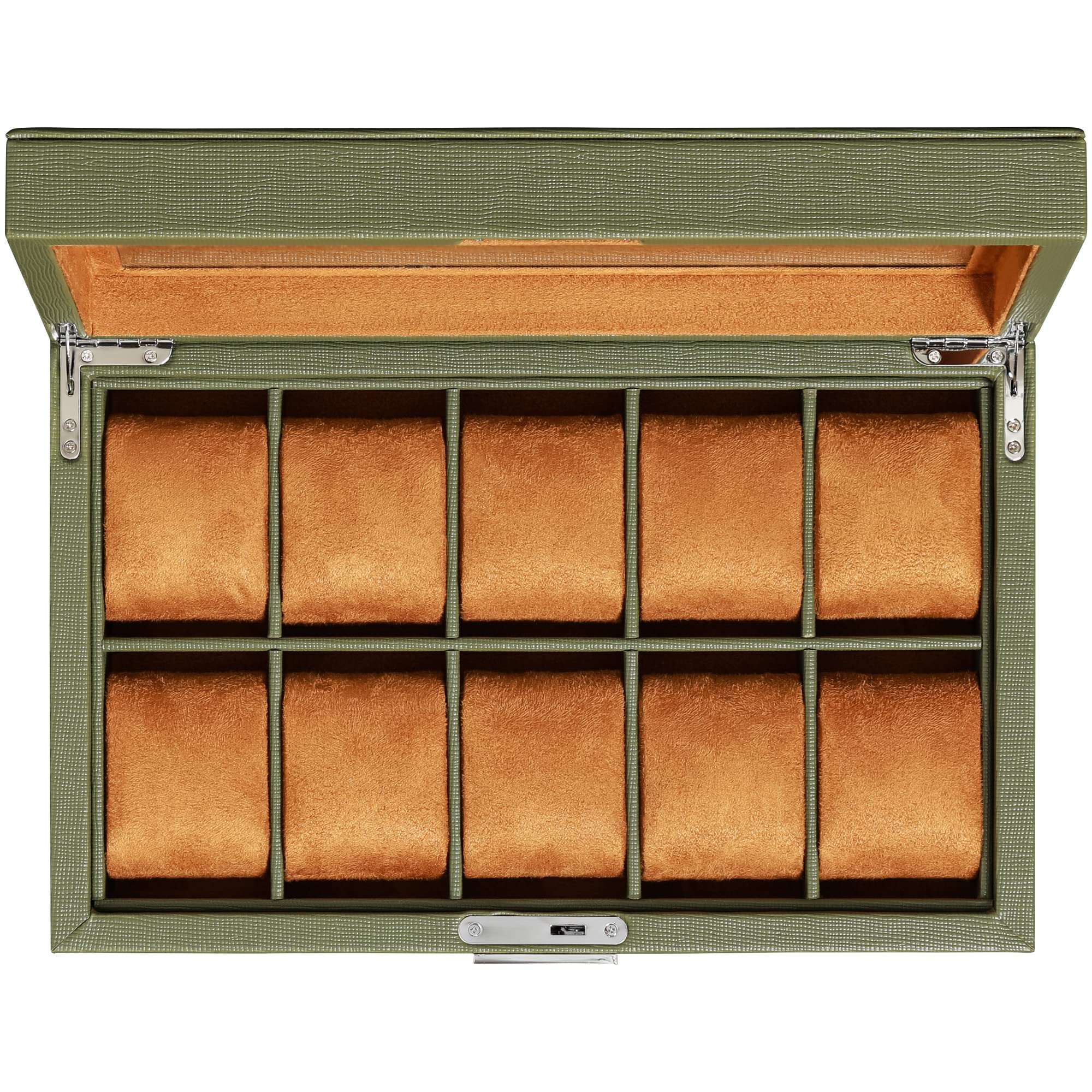 10 Slot Leather Watch Box with Matching 3 Slot Watch Roll - Luxury Watch Case Display Organizer Microsuede Liner, Locking Mens Jewelry Watches Holder, Men's Storage Boxes Holder Glass Top Green/Tan