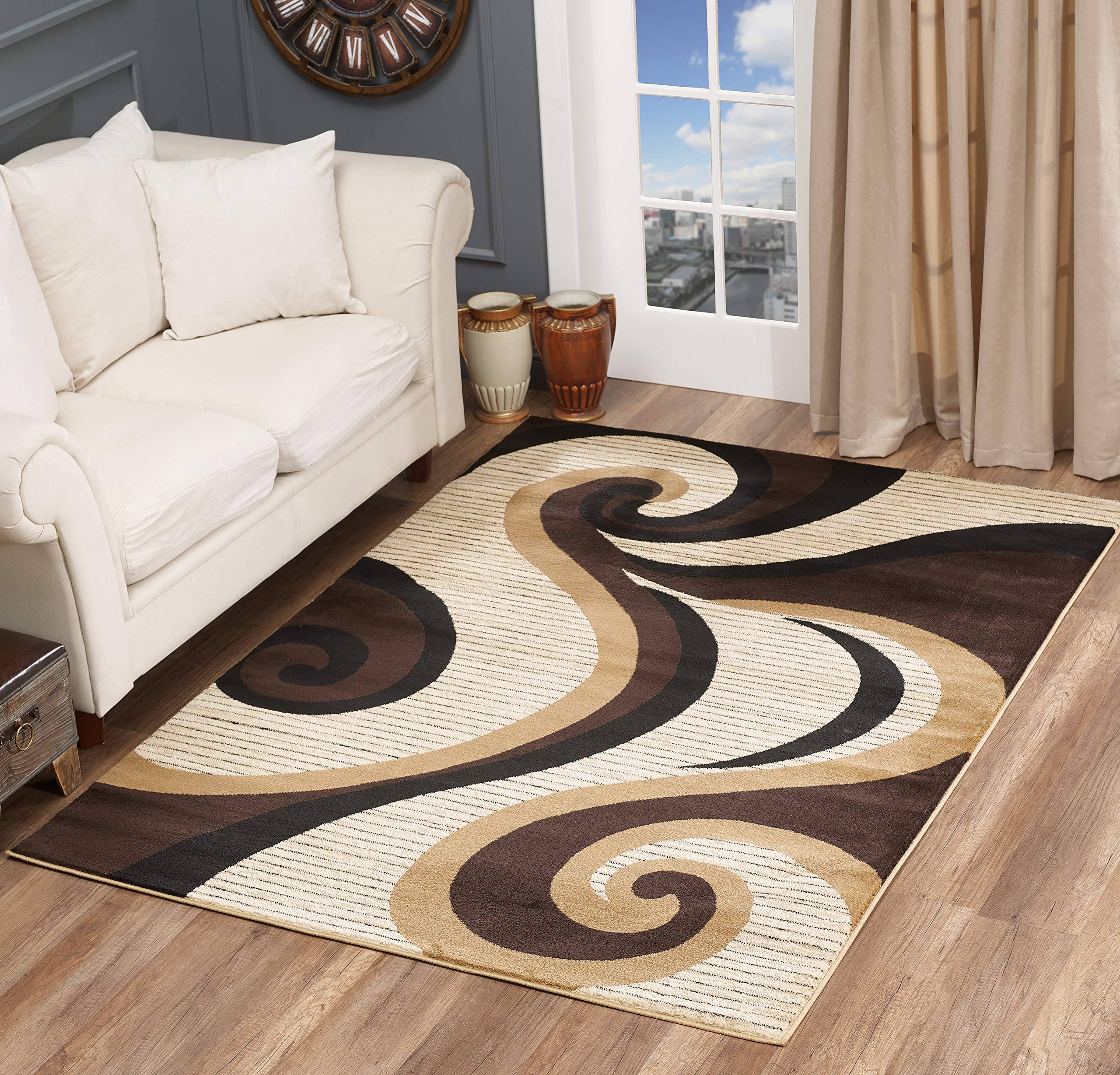 Glory Rugs Modern Area Rug 4x6 Swirls Carpet Bedroom Living Room Contemporary Dining Accent Sevilla Collection 4817A (Brown)