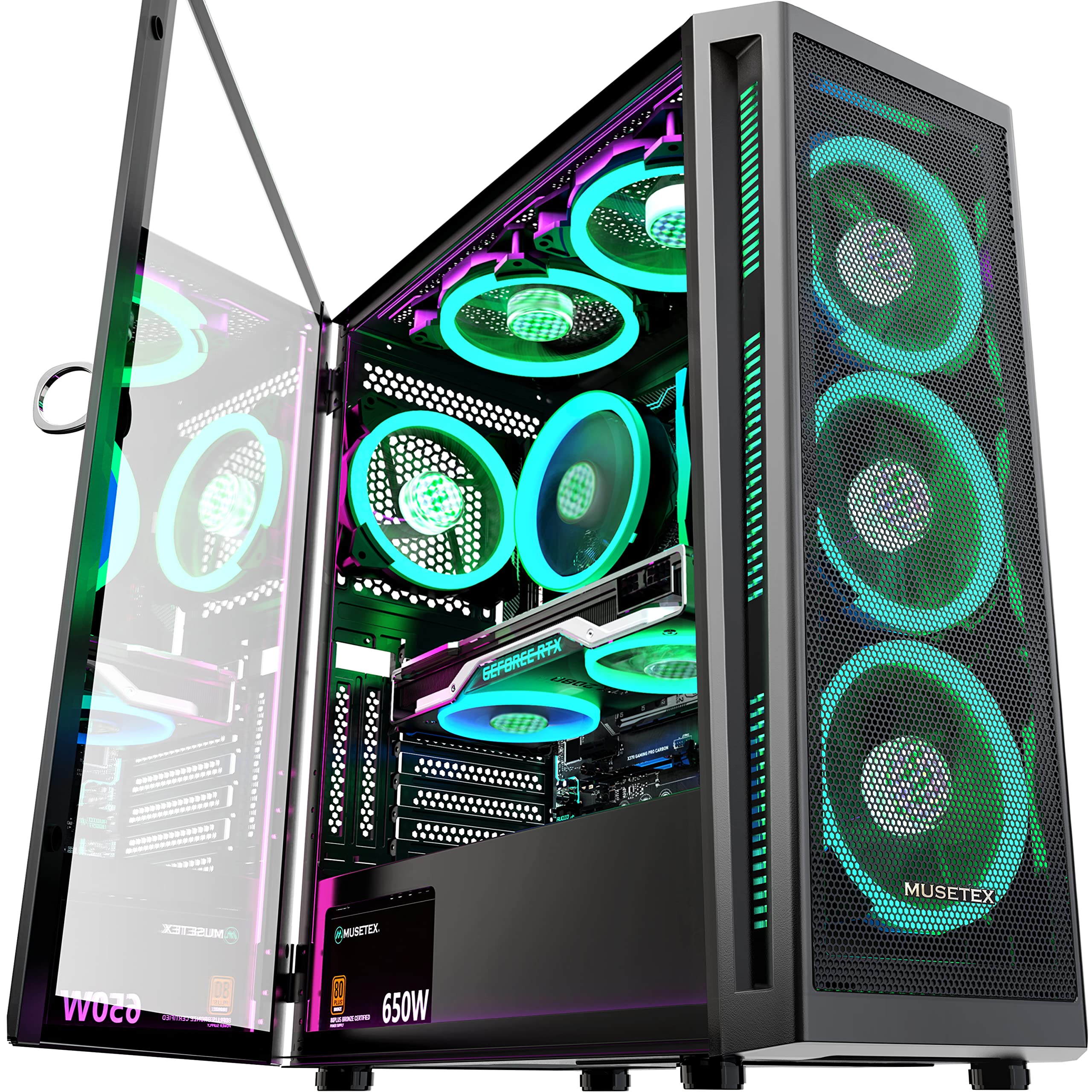 MUSETEX ATX PC Case Pre-Install 6 ARGB Fans, Mid-Tower Gaming Case with Opening Tempered Glass Side Panel Door, Mesh Computer Case, TW8