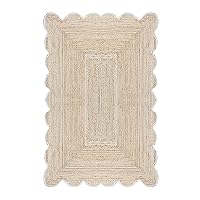 Collection Scalloped Square Rug - 11x11 Beige Scallop Edge Braided Jute Rug Solid Kilim Rug Indoor Outdoor Use Carpet Flatweave Rugs for Bedroom Bedside Mat Dining Table Mat Hall