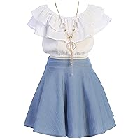 Big Girls 3 Pieces Ruffle Top Skirt Necklace Summer Clothing Skirt Set Outfit