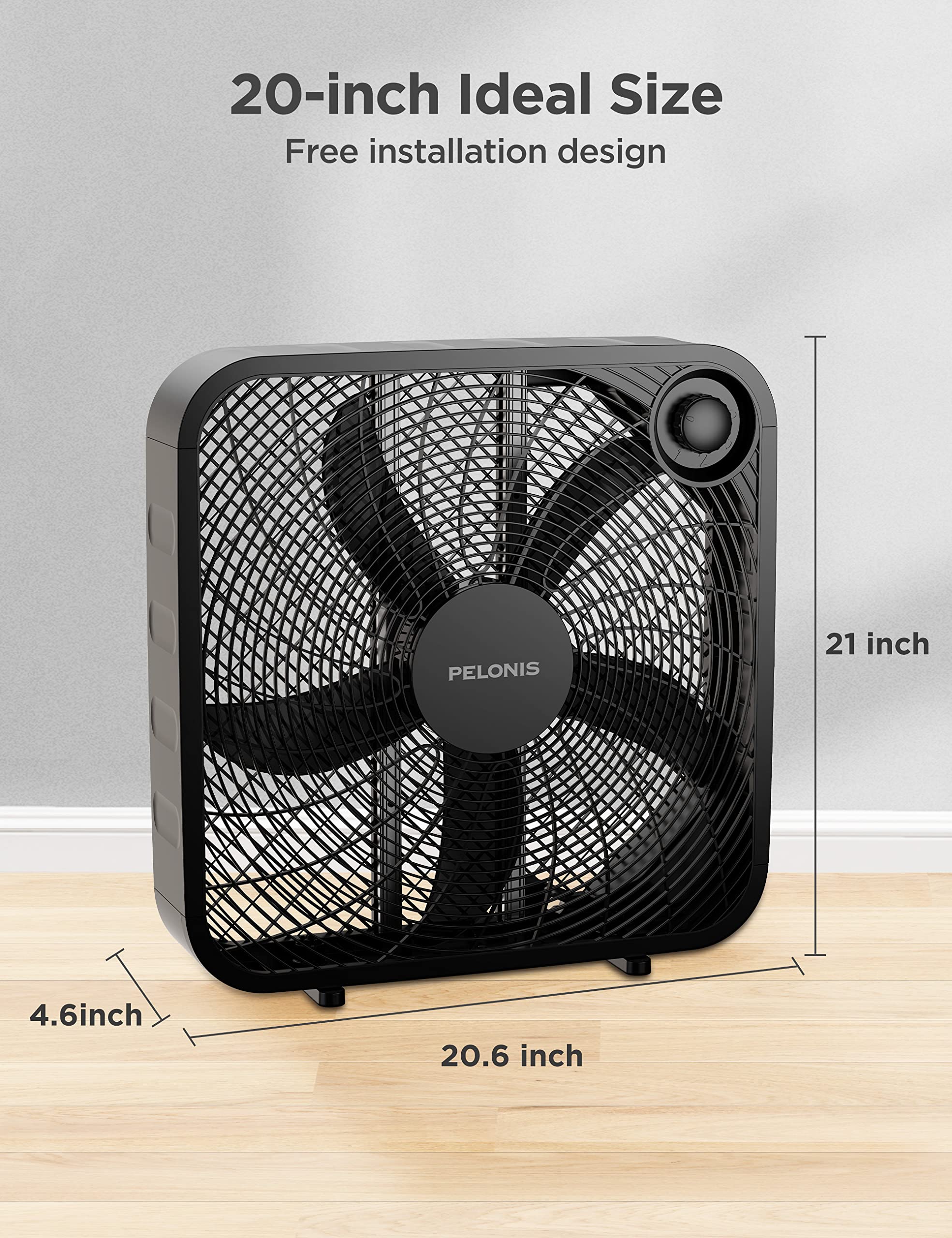 PELONIS 3-Speed Box Fan For Full-Force Circulation With Air Conditioner, Upgrade Floor Fan, Black