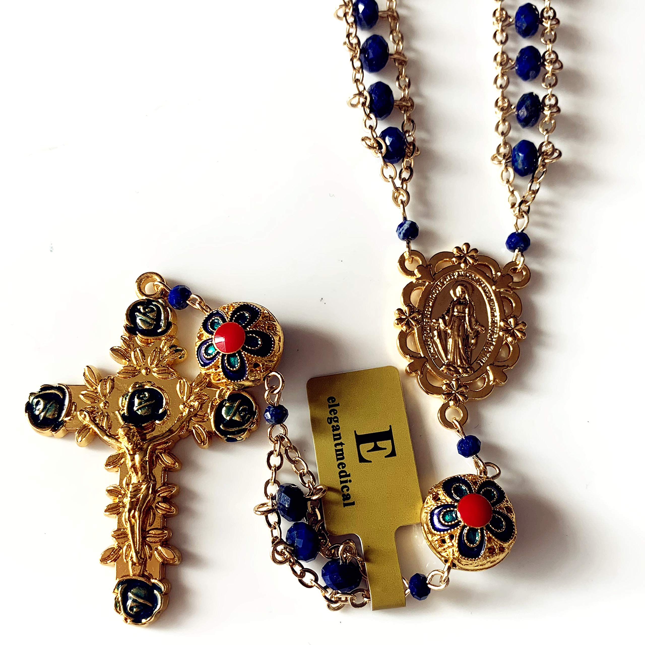 elegantmedical handmade Gold Ladder to Heaven Lapis Lazuli & Enamel Beads Catholic Rosary crucifix Necklace
