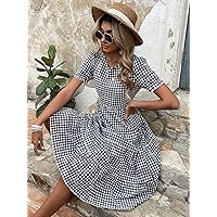 Gingham Puff Sleeve Ruffle Hem Smock Dress (Color : Black and White, Size : Small)