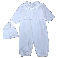 100% Cotton Knit White Boys Infant 2 Piece Long Sleeve Collared Romper with Cap