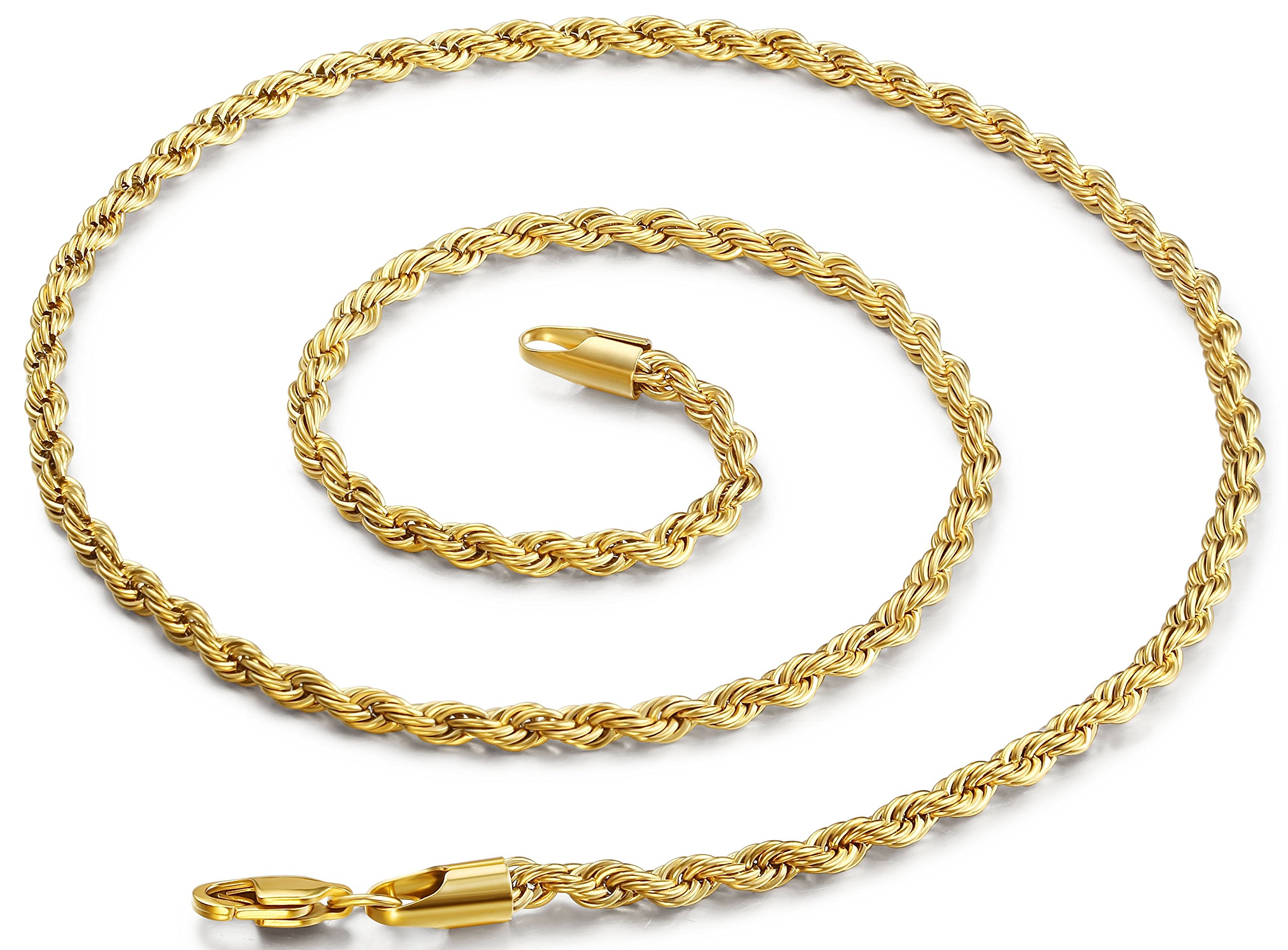 FIBO STEEL 18k Real Gold Plated 2.5-8 MM Stainless Steel Mens Womens Necklace Twist Rope Chain, 16-36 inches