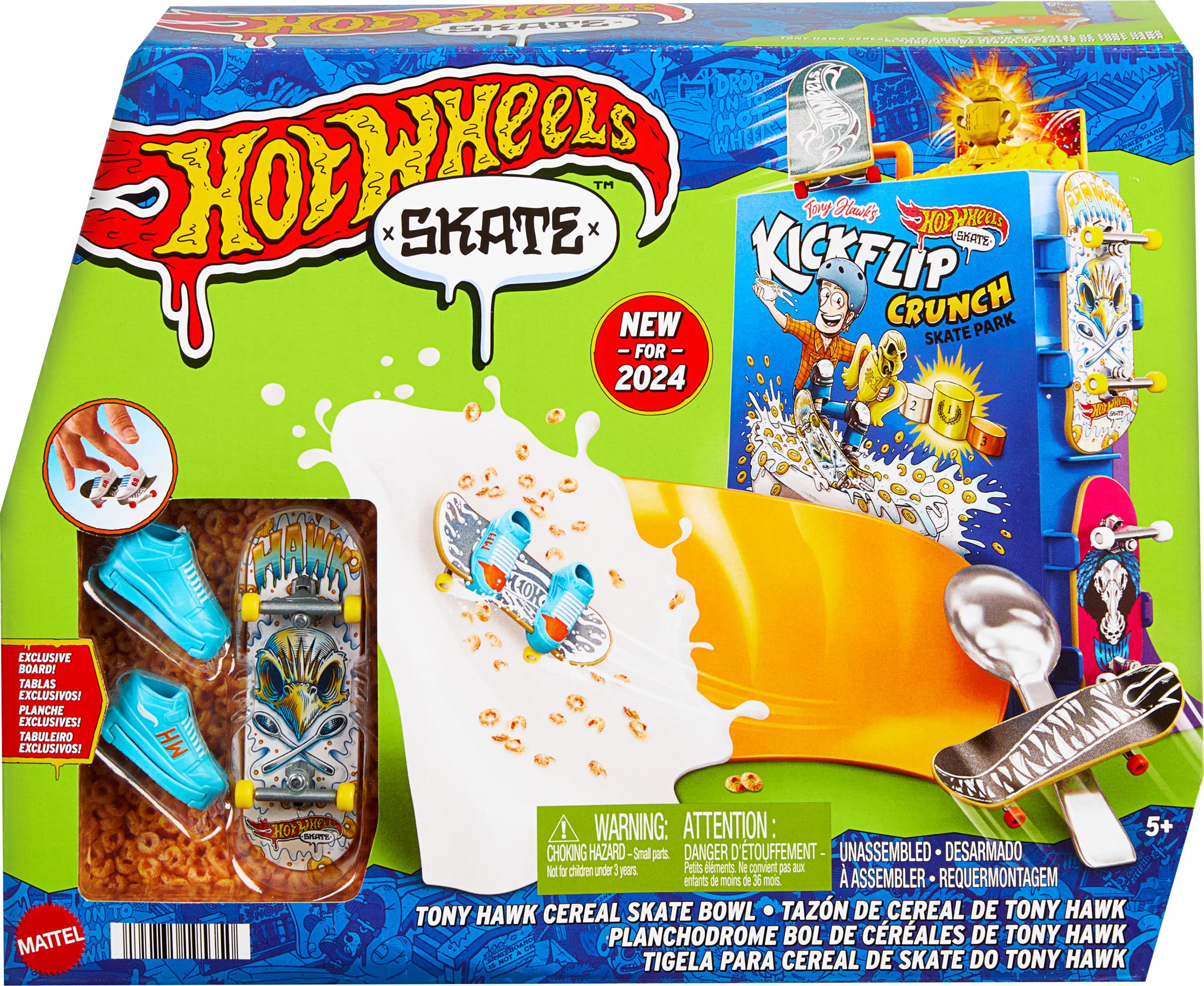 Hot Wheels Skate Tony Hawk Cereal Bowl Fingerboard Set, 1 Exclusive Board & Pair of Removable Skate Shoes, Storage for up to 4 Boards & 4 Pairs of Shoes