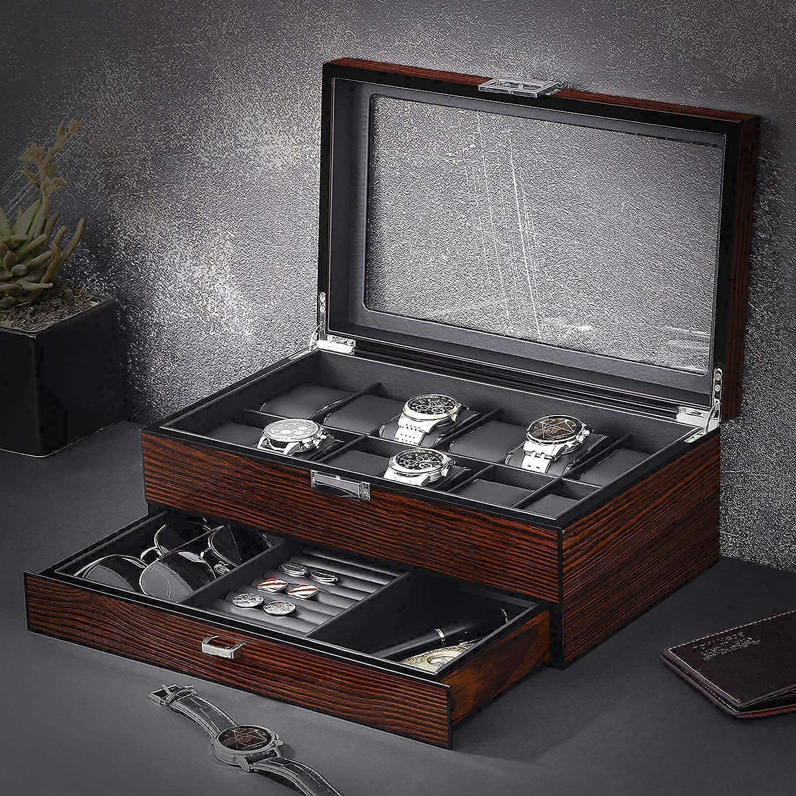 BEWISHOME Watch Box Organizer 20 Men Display Storage Case & 12 Watch Box with Valet Drawer, Luxury Watch Case