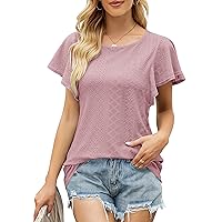 MEROKEETY Womens Summer Ruffle Sleeve Tshirts Eyelet Crew Neck Loose Fit Casual Blouse Tops