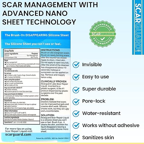 Invisible Brush-On Silicone Sheet with Vitamin E - Scar Removal for Keloids, Burn Scars, Surgery Scars, Stitches, Cuts - No Ugly Scar Sheets, Cream or Messy Scar Gel Needed