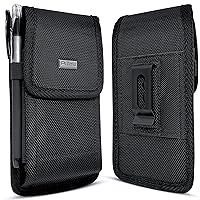 PiTau Holster for iPhone 15, 15 Pro, 14, 14 Pro, 13, 13 Pro, 12, 12 Pro, 11, XR, Black Nylon Cell Phone Belt Holder Case with Clip Carrying Pouch Cover (Fits iPhone 15 14 13 12 with Case on) Small