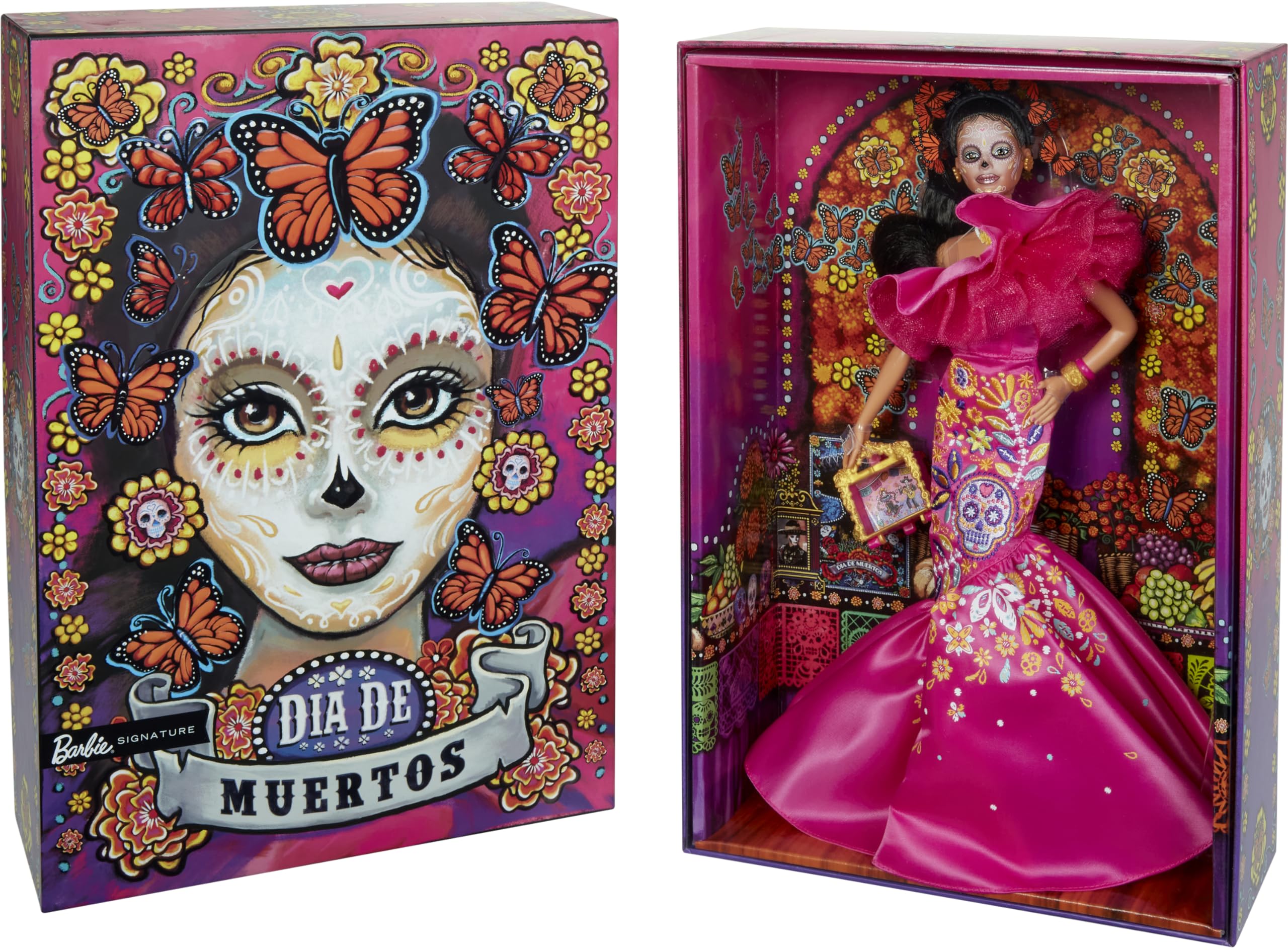 Barbie 2023 Día De Muertos Barbie Doll Wearing Ruffled Pink Gown and Holding Tiny Ofrenda, Barbie Signature