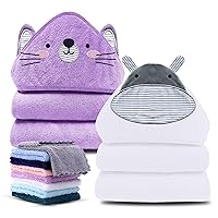 Cute Castle 2 Pack Hooded Baby Towel Rayon Made from Bamboo with 8 Washcloths - Soft Bath Towel for Bathtub for Babie, Newborn, Infant, Natural Baby Stuff Towel (Hippo and Cat)