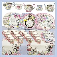 Alice in Wonderland Party Decorations For Mother's Day | Tableware for 16 Guests, Plates Napkins Teacups Bunting Tablecover | Mad Hatter Afternoon Tea Supplies For Onederland Birthday, Baby Shower