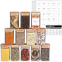 Laramaid 9oz 12Packs Glass Jars Set with Minimalist Spice Labels, Square Spice Jars with Bamboo Lids and White Vinyl Customized Sticker Labels, Food Storage Container Canisters