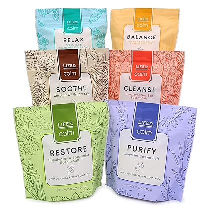 Life Is Calm Epsom Salt Spa 6-Pack l Dissolvable Therapy Formulas for Bath (Restore, Clense, Relax, Balance, Purify & Soothe)