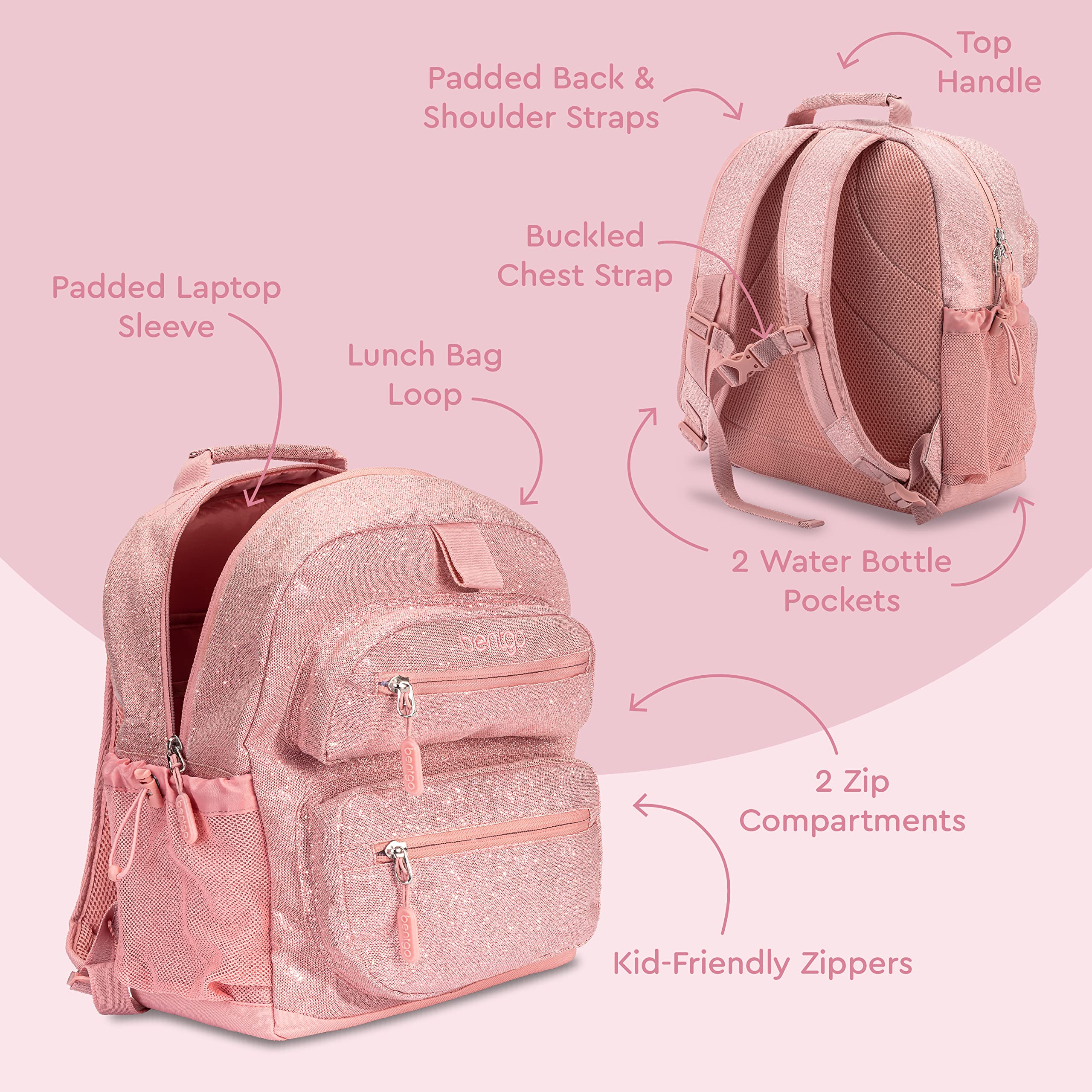 Bentgo® Kids Backpack - Glitter Designed Lightweight 14” Backpack for School, Travel & Daycare - Roomy Interior, Durable & Water-Resistant Fabric & Loop for Lunch Bag (Glitter Edition - Petal Pink)