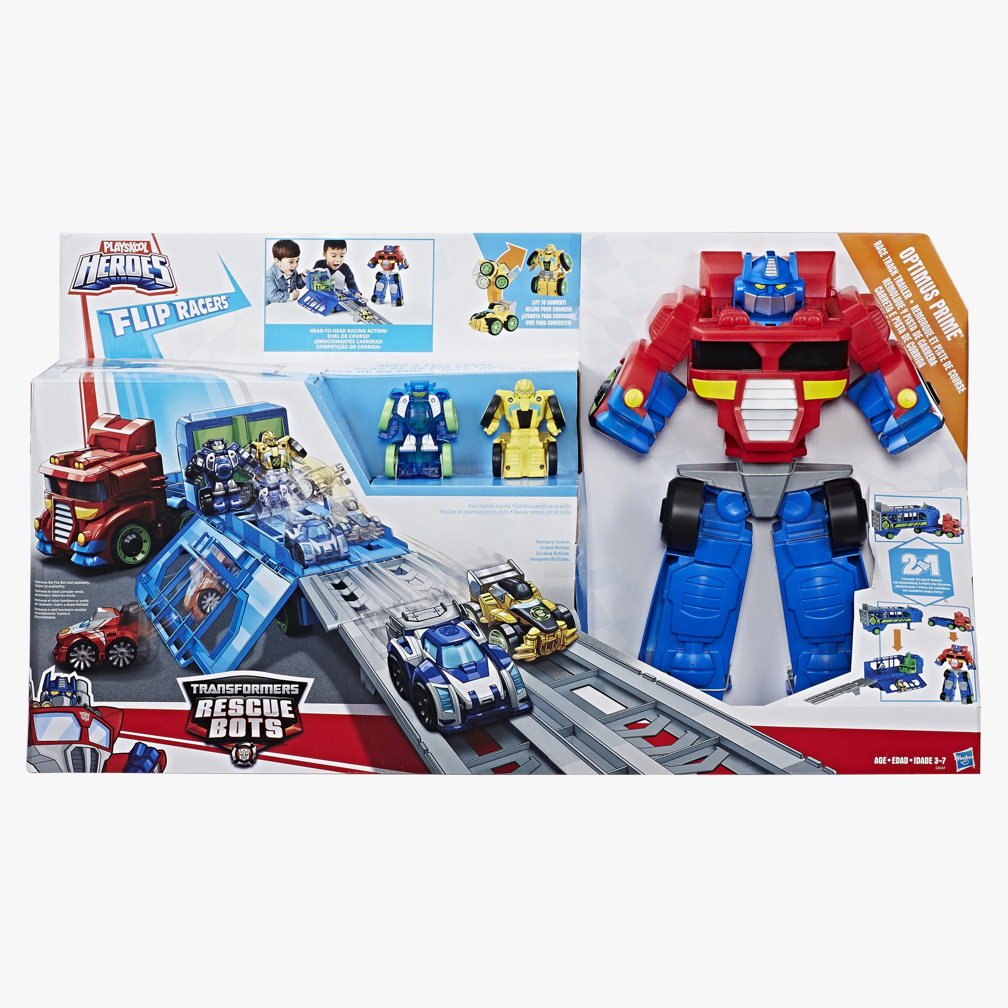 Playskool Heroes Transformers Rescue Bots Flip Racers Optimus Prime Race Track Trailer