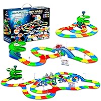 Glow Trax Race Tracks and LED Toy Cars - 360pk Glow in The Dark Flexible Rainbow Race Track Set STEM Building Toys for Boys and Girls with Large Roundabout Ramp and 2 LED Toy Cars