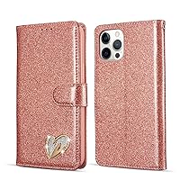 Guppy Compatible iPhone 14 ProWallet Case Flip Folio Cover with Card Slots Kickstand Rhinestone Love Design Girls Women Glitter PU LeatherShiny Sparkle-Rose Gold