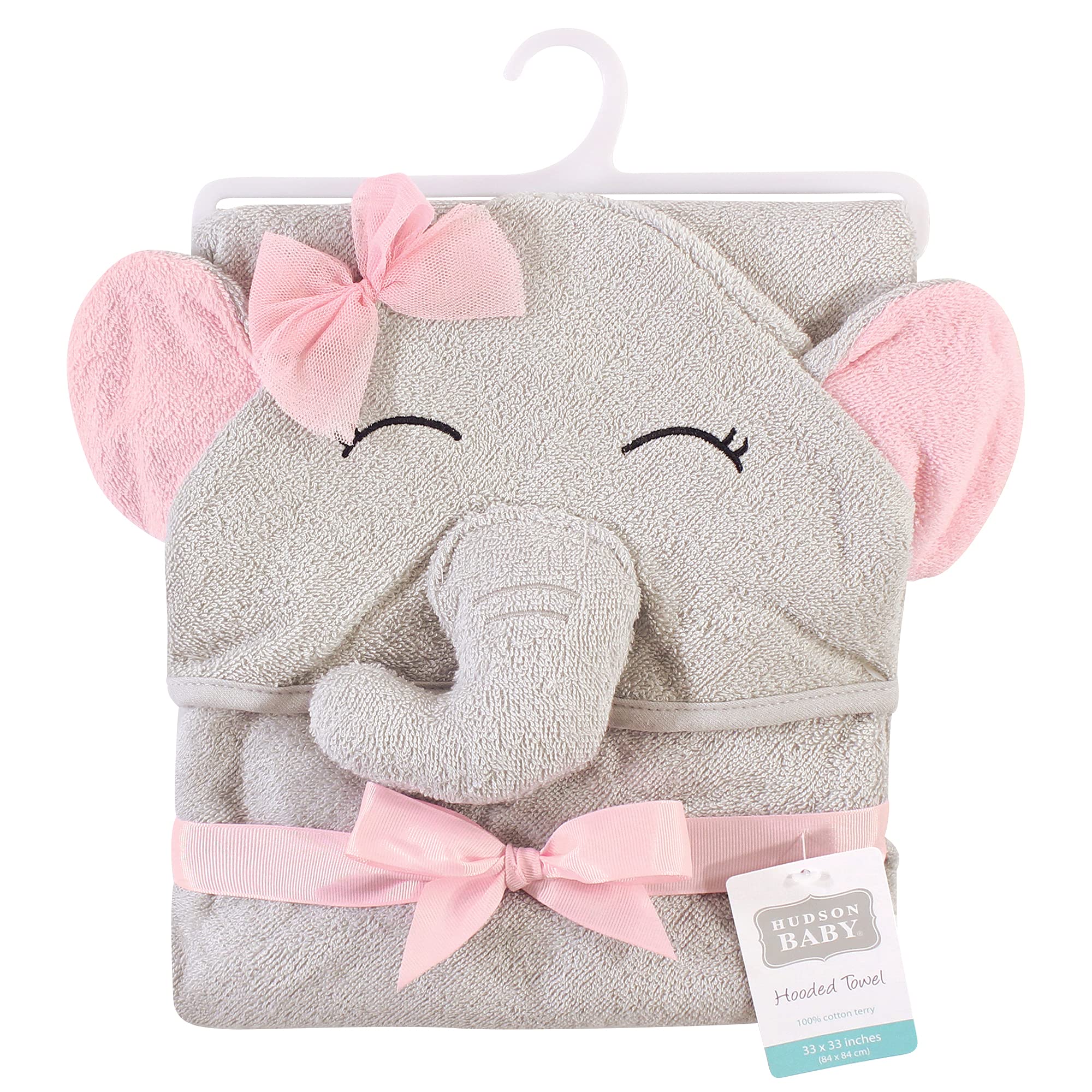 Hudson Baby Unisex Baby Cotton Animal Face Hooded Towel, Pretty Elephant, One Size