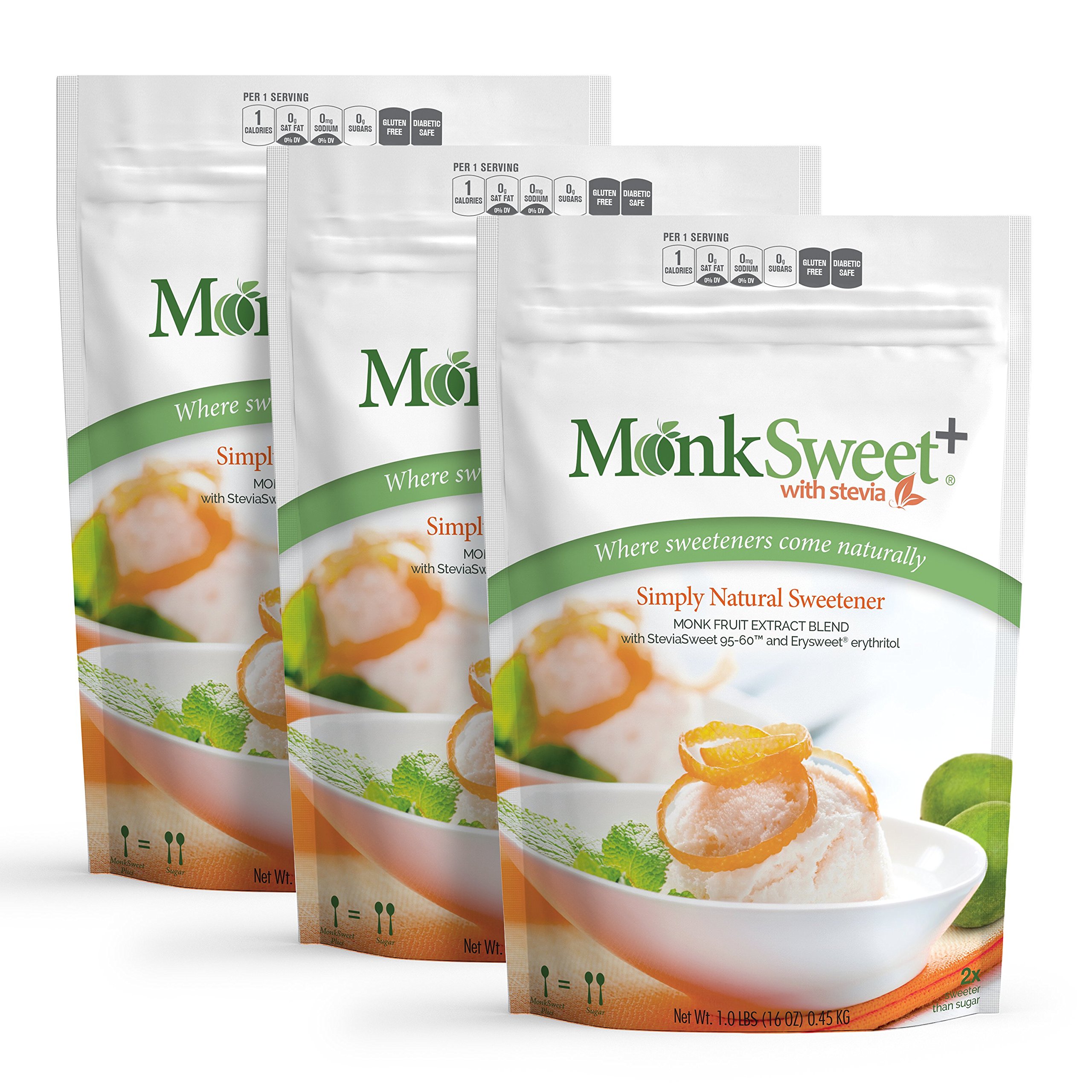 MonkSweet Plus - 1 lb bag/3 pack Monk Fruit, Stevia & Erythritol Blend NonGMO Low Carb Sweetener