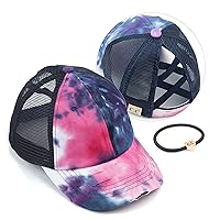 C.C Kids Criss-Cross Elastic Band Ponytail Caps Messy Buns Trucker Plain Baseball Cap (BT-6-KIDS) (KIDS-BT-780) (KIDS-BT-783) (A Crossed Elastic Band(Tie-dye)-Navy)